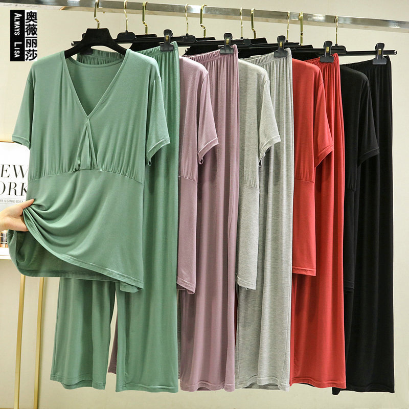Spring and Summer bit cotton home wear women's thin short-sleeved evening gown pajamas suit plus size loose casual two-piece suit