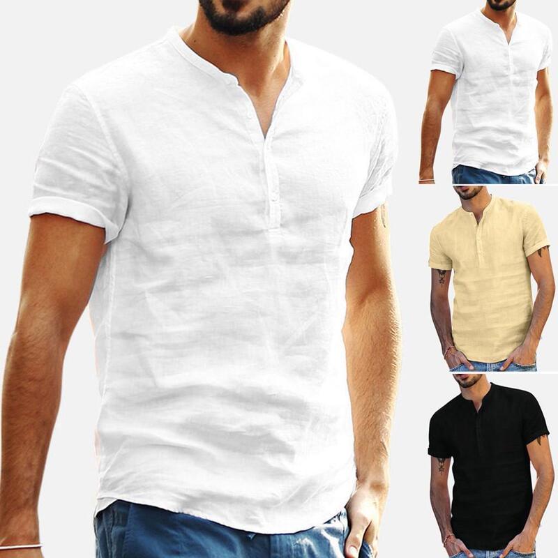Men's Stand Collar Cotton Linen Short Sleeve Shirt Shirt