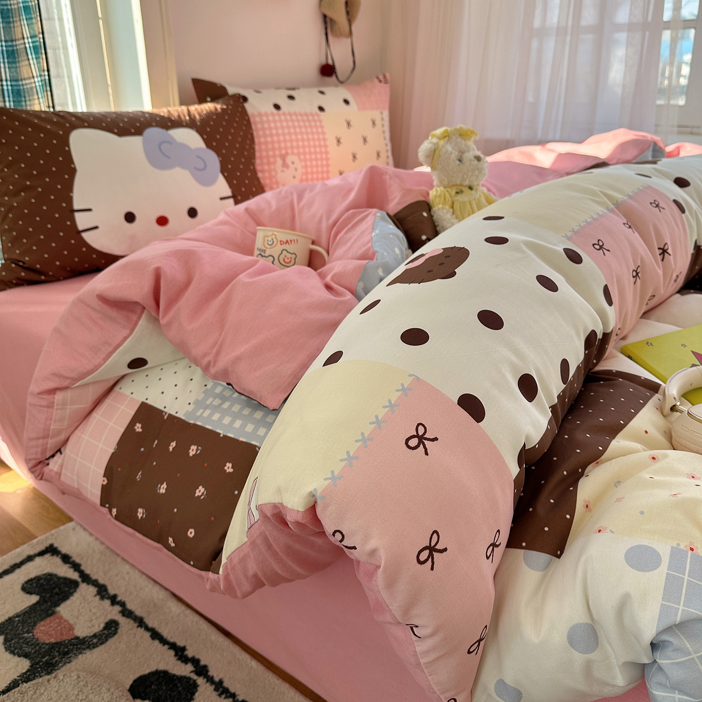 Mezcla de algodón impresa digital grande funda de almohada pequeña serie fresca gatos lindos cuatro piezas dormitorio tres piezas cama
