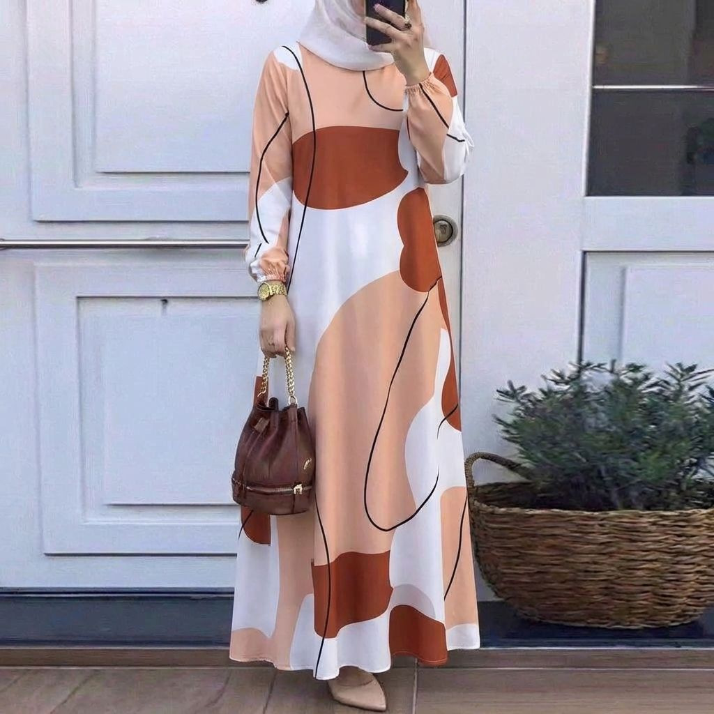 In Stock Cross-Border New Printed Middle Eastern Muslim Malay Full Sleeve Round Neck Robe Long Dress Factory Wholesale_ecoleips.com