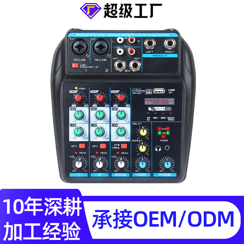 Mezcladora de Audio Bluetooth de 4 Canales con Efecto Eco para Karaoke y Conferencias