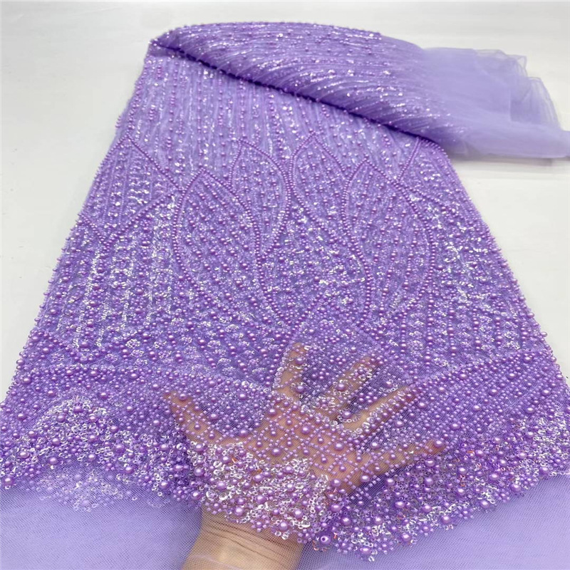 现货珠管绣珠片绣高档礼服蕾丝布料精美多色亮片绣布料lace 5yard