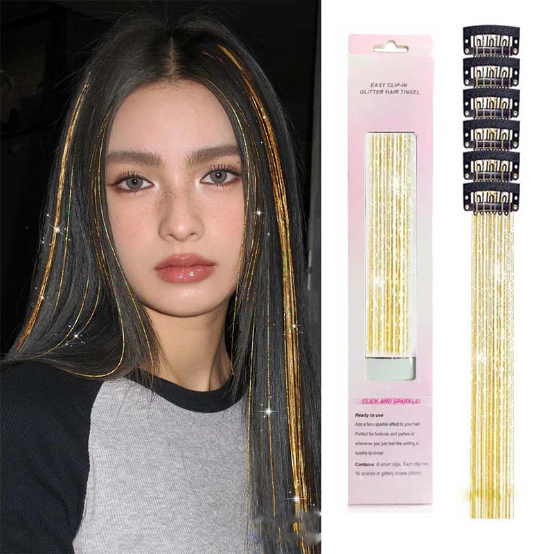 Foreign trade European and American seamless hair extensions for women, 12-piece box set, laser gold shiny ribbon silk straight hair extensions, hair dyeing