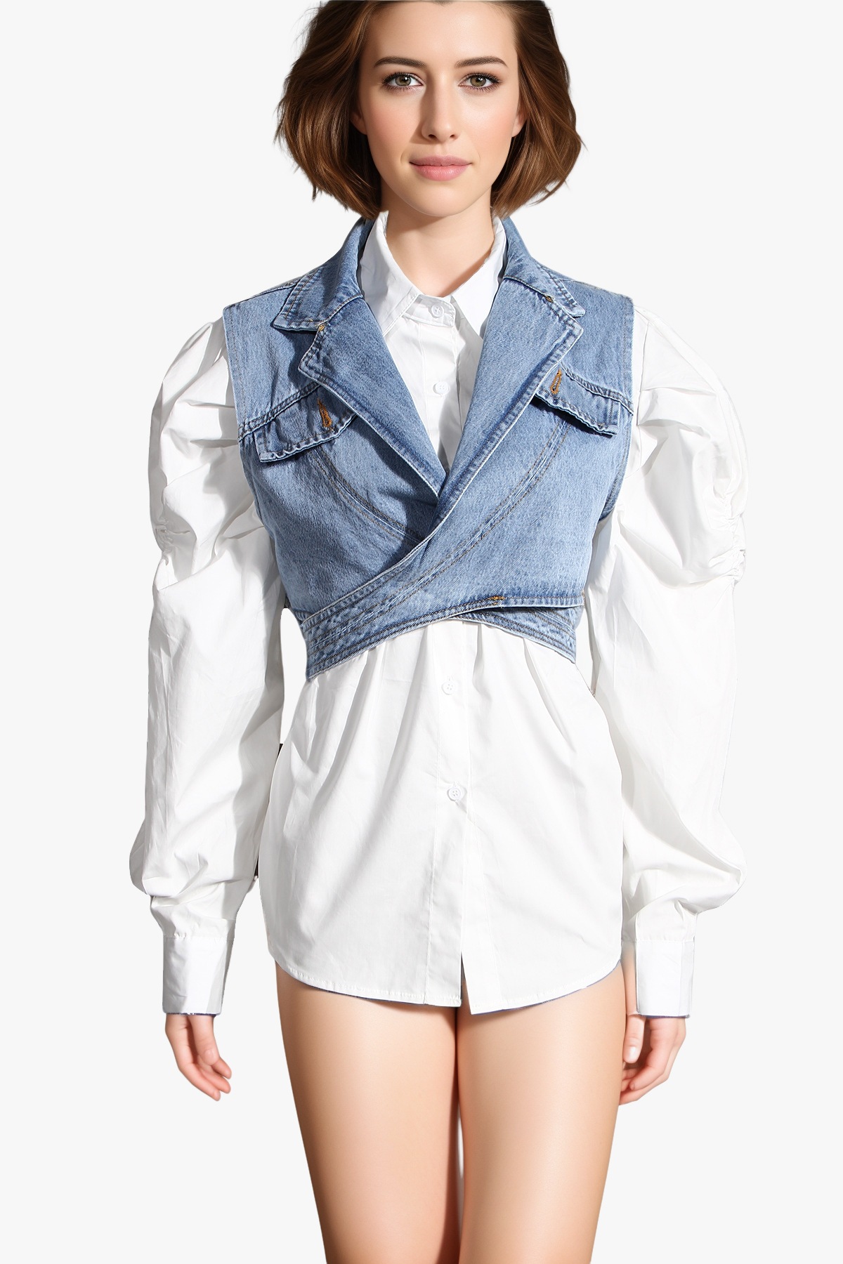 Dammekleeder nei zweedeeleg kuerz onregelméisseg Denim Weste mat Puffärmelen, locker Moud Kostüm fir Fraen_voghion.com