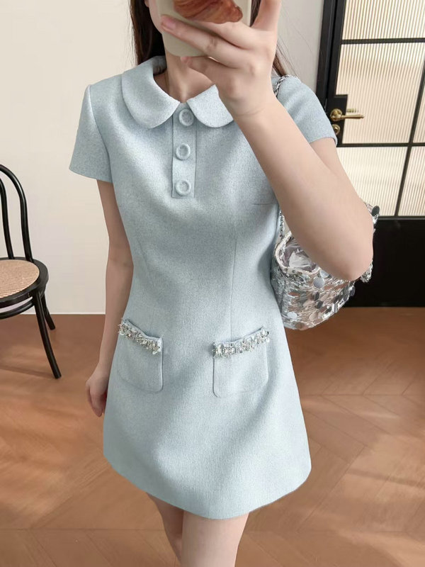 ニッチデザインドールカラースリムポロスカート新鮮な年齢軽減スパンコールラインストーン刺繍半袖ドレス女性夏|undefined