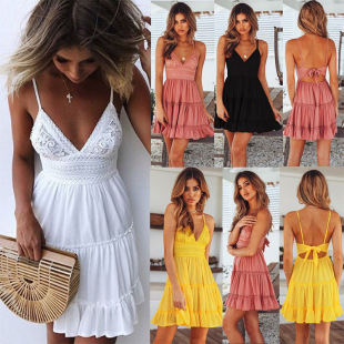 Amazon Hot Cross-border European and American Summer Chiffon Dress Sexy Lace Sling Princess Beach Vacation Blouse
