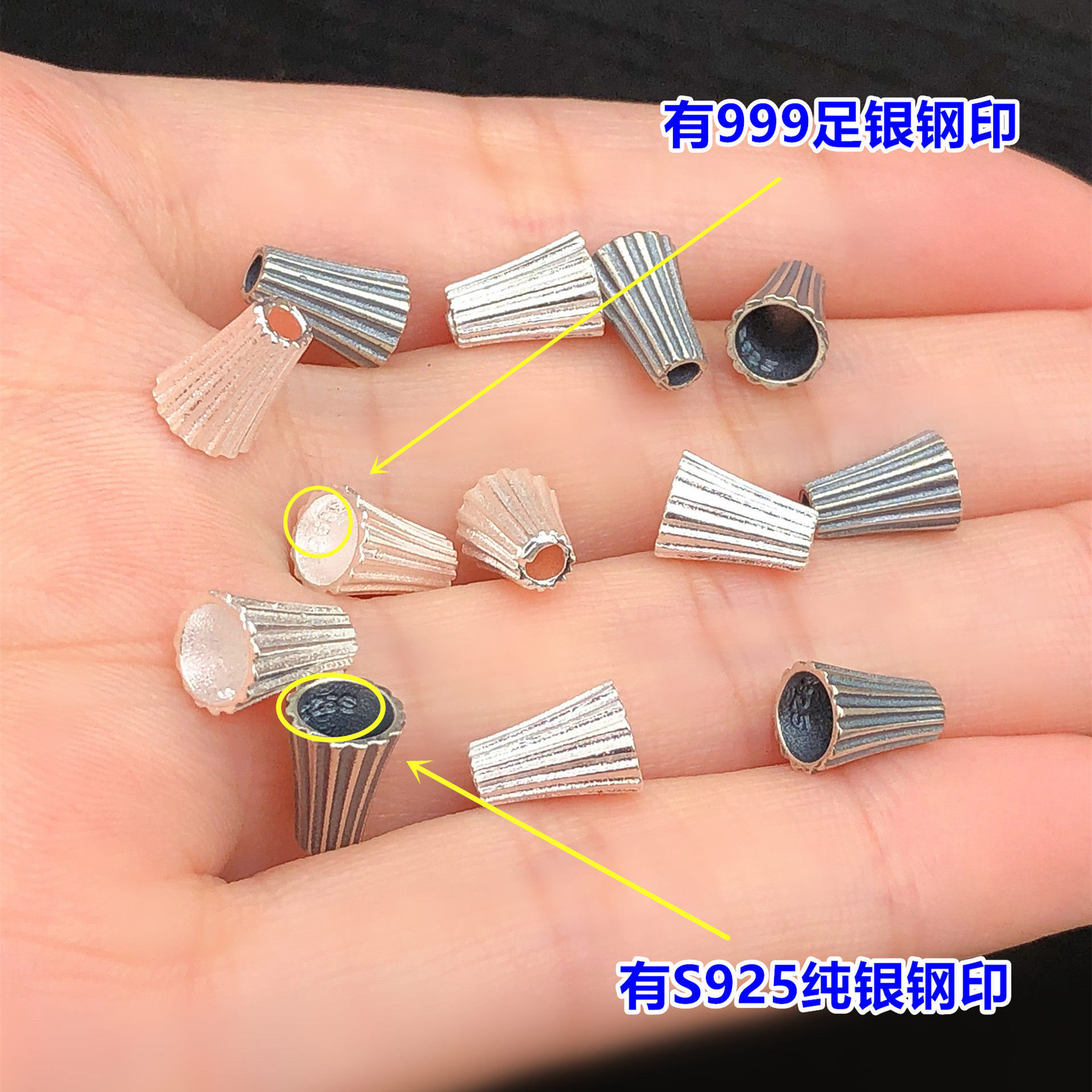 S925 Sterling Silver Finely Crafted Vertical Stripe Tapered Spacer Bead End Clasp Crystal Jewelry Braided Bracelet Necklace Handmade DIY Accessories