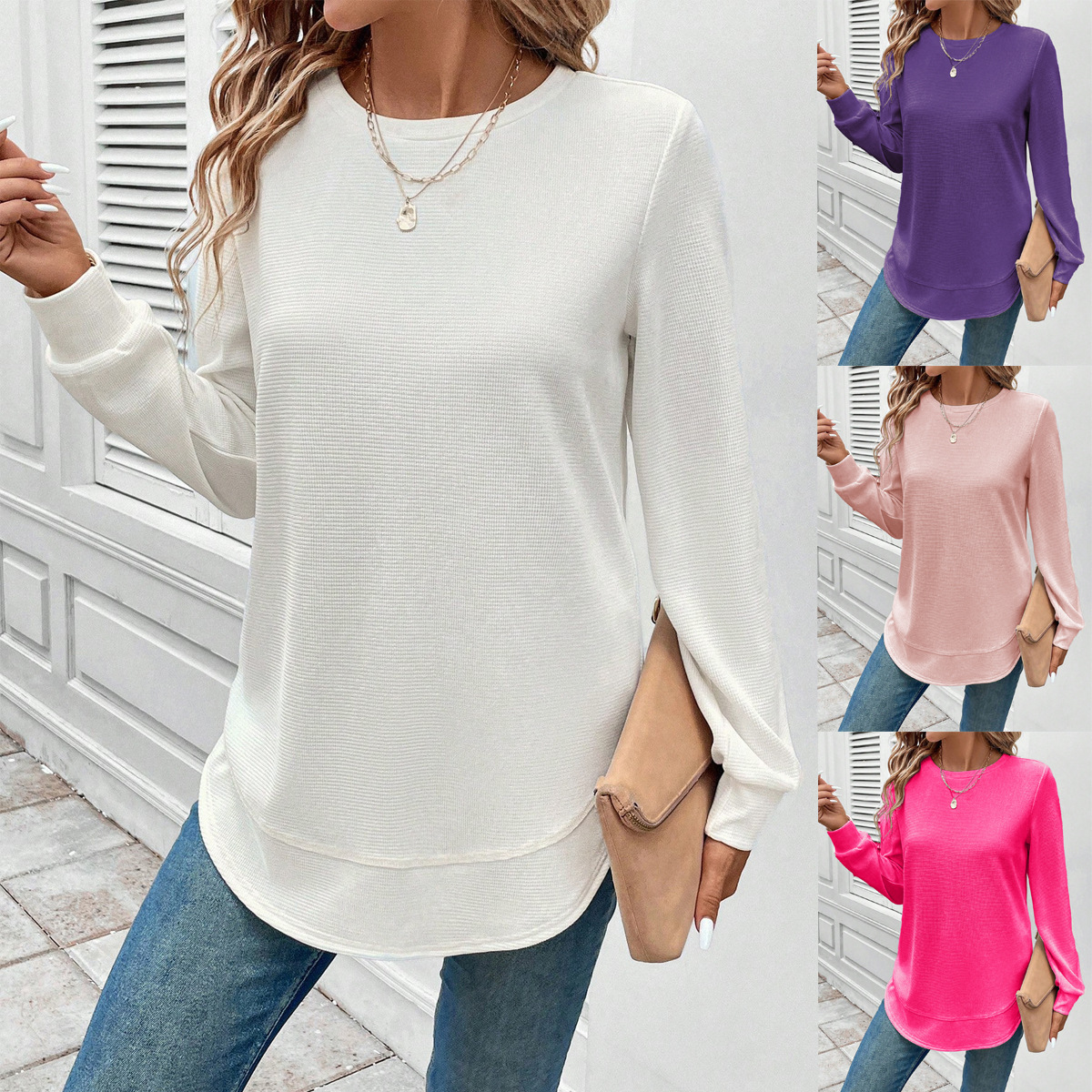 2025 European and American Amazon Export Autumn and Winter New Loose Women's Clothing Elegant Fashion Pure Color Round Neck Long-Sleeved Sweatshirt