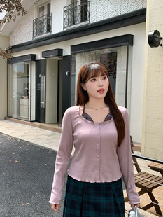 65057丨Pink and Purple Halterneck Fake Two-Piece Knitwear for Women Spring Large Size Fat mm Waist Slimming Look Elegant Top