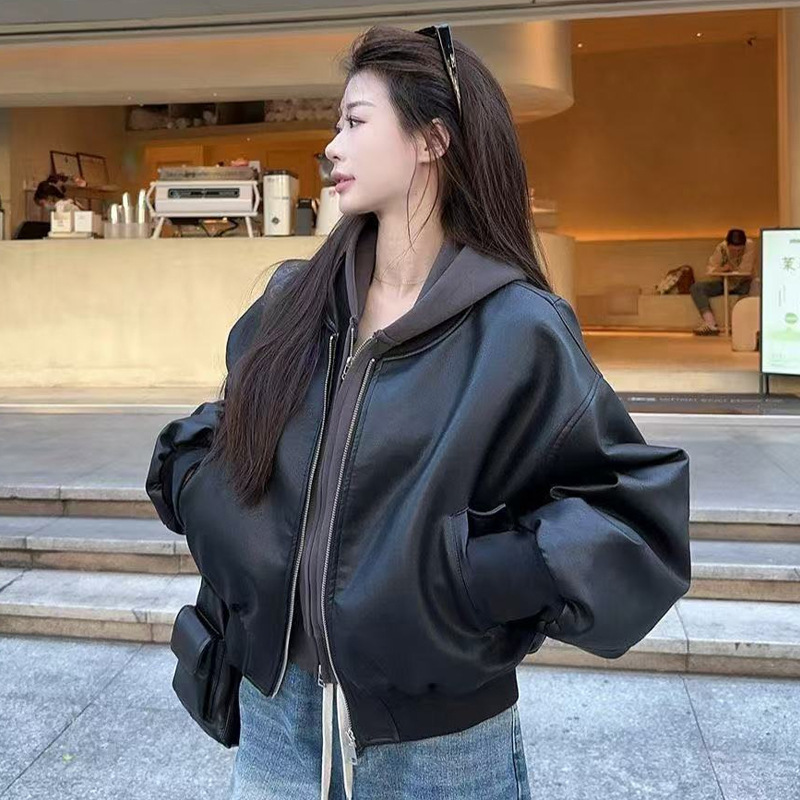 Hong Kong Style Petite Pu Leather Jacket Motorcycle Women's 2025 New Leather Jacket American Retro Coat Autumn and Winter Top