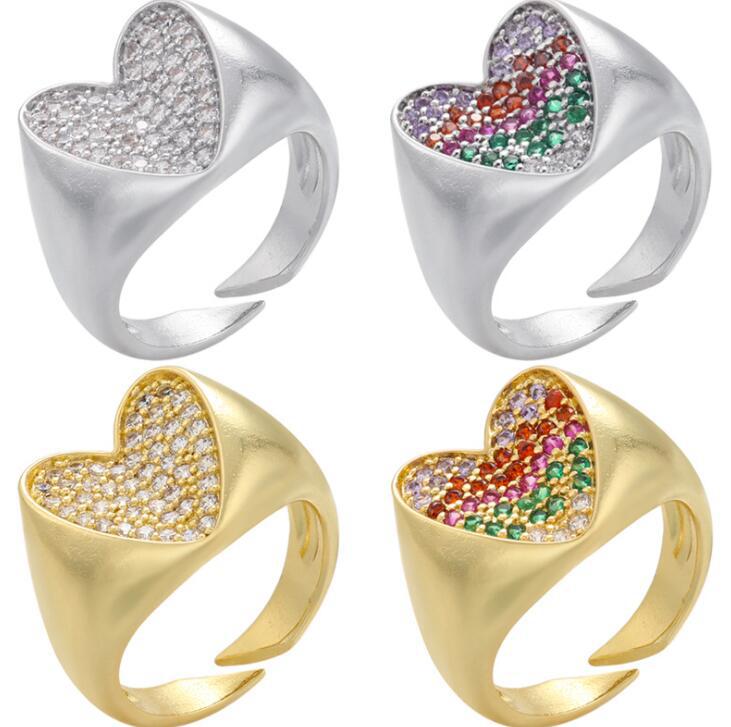 5g Weight Copper Inlay Material European And American Retro Colorful Crystals Ring Peach Heart Heart-shaped Open Adjustable Wide Thick Ring European And American Style Jewelry For Men