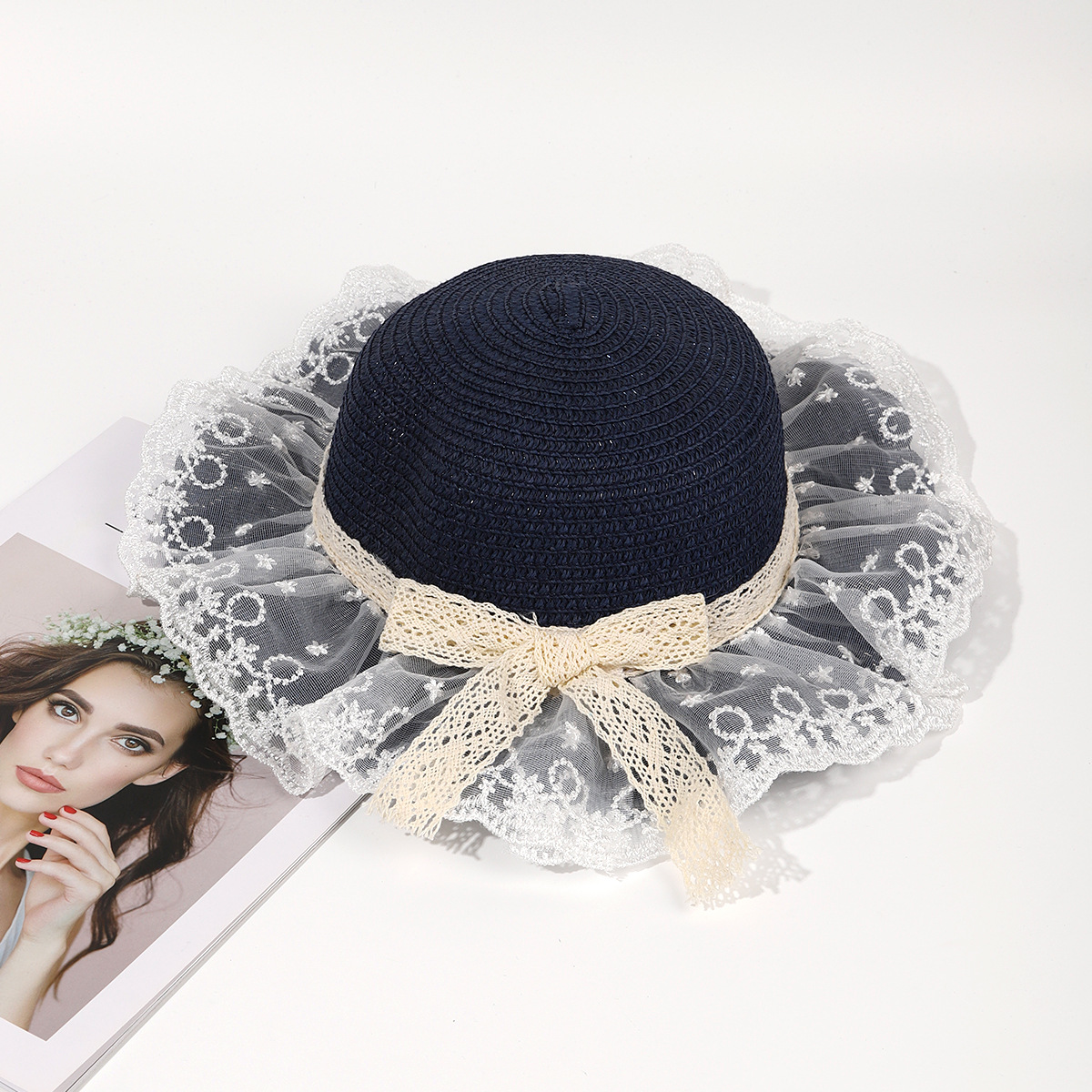 Sombrero de paja de viaje de verano flor sombrero de playa protección solar sombrero de sol ala grande paja tejida a mano arco sombrero de sol