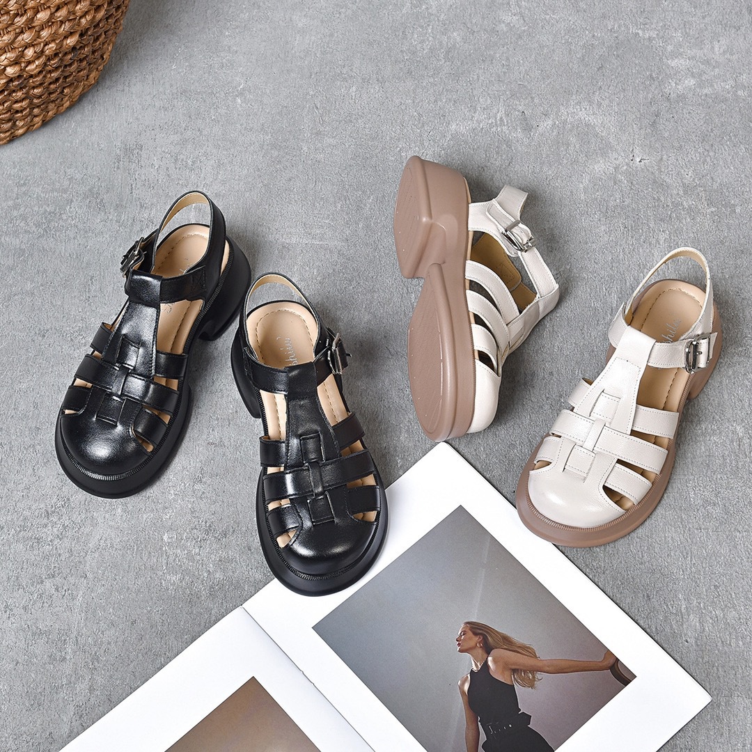 Sandal nữ đế dày da thật quai chữ V bọc mũi hở gót — Màu đen chi tiết 10