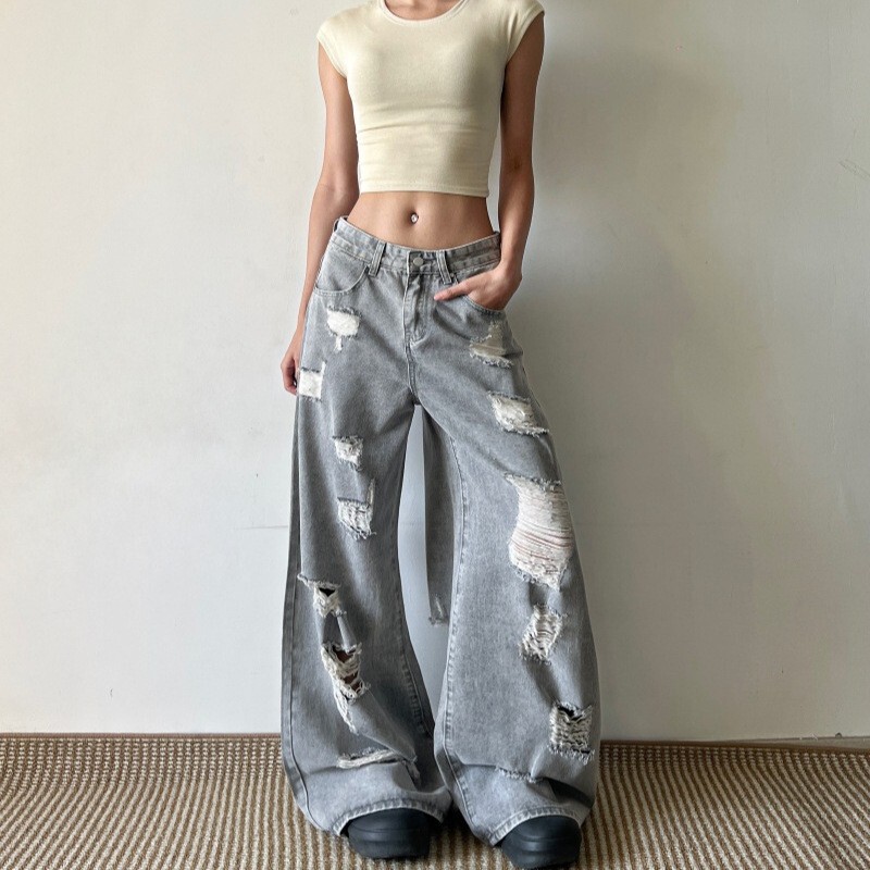 American Retro Straight-Leg Ripped Jeans for Women, Summer Thin Style, Extra-Long for Tall Individuals, Loose Fit, Slimming Distressed Floor-Length Pants