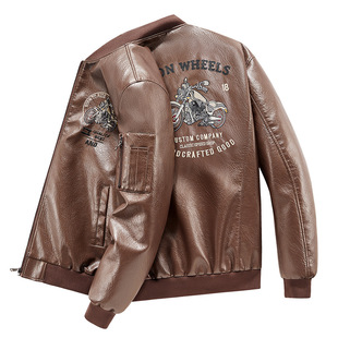 Autumn Flight Jacket Leather Coat Trendy Plus-Size Biker Jacket Oversized Embroidered Fashion Stand Collar Men's Clothing