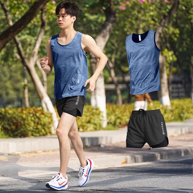 Ropa de fitness para hombres maratón atletismo chaleco deportivo running set entrenamiento de verano hielo equipo de secado rápido