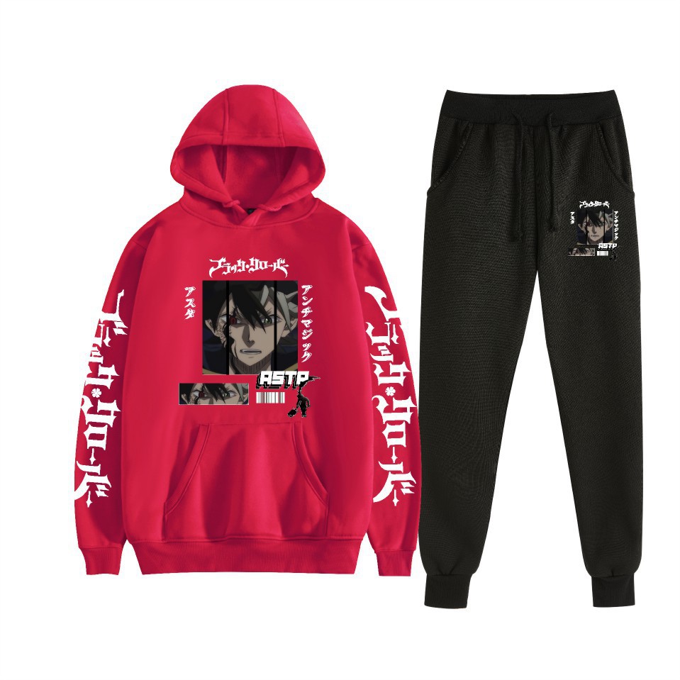 Traje de suéter con capucha suelto de dos piezas de trébol de cuatro hojas negro para hombres y mujeres con estampado de letras nuevas transfronterizas