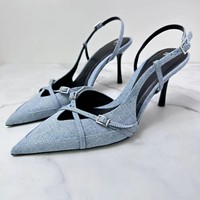 2024 Spring/Summer New Denim Shallow Mouth Tie Hollow Headband Sexy Thin High Heels Fashion Sandals Muller Shoes