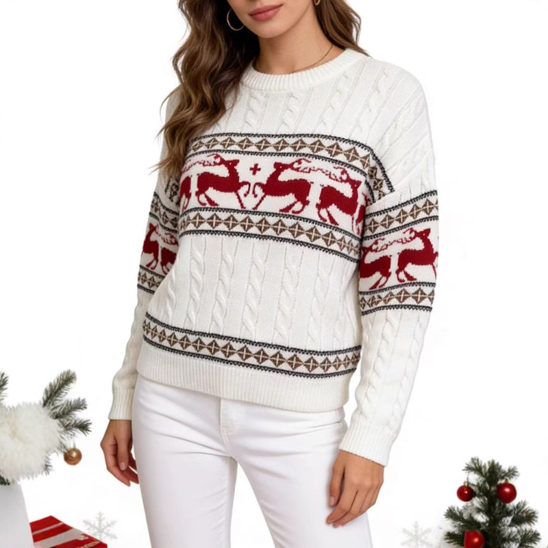 European and American Cross-Border Round-Neck Pullover Sweater Autumn and Winter Reindeer Jacquard Holiday Christmas Sweater Cable Knit Top for Women European and American Cross-Border Round-Neck Pullover Sweater Autumn and Winter Reindeer Jacquard Holiday Christmas Sweater Cable Knit Top for Women