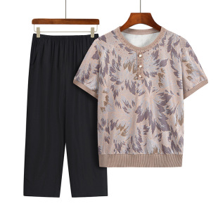 New Mother Suit Summer Round Neck Short-sleeved Pullover Printed Top Loose Casual Thin Clothes for Middle-aged and Elderly Women