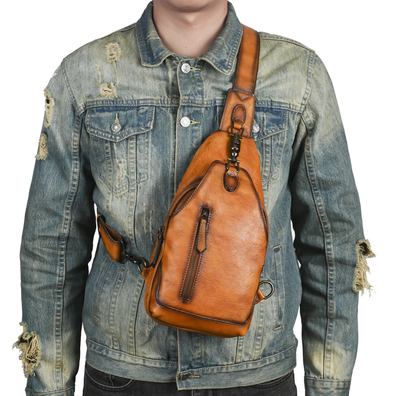 Direct Selling Crazy Horse Leather High-End Men's Chest Bag Simple Vertical Lock Chest Bag Large Capacity Retro Shoulder Bag