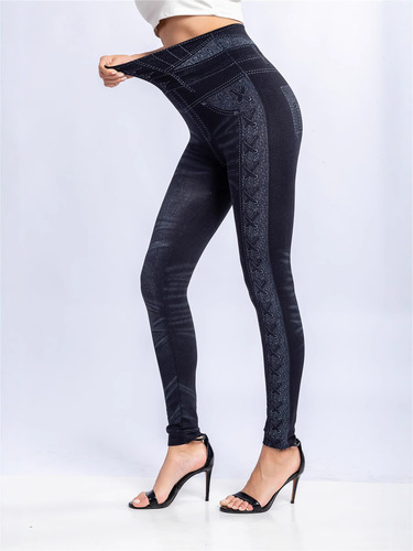 Wish Supply of European and American Women's Print Leggings, Denim Style, 9-inch, Slimming and Body-fitting