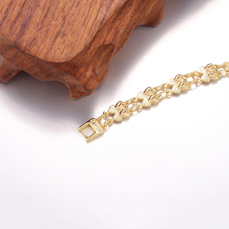 Pulsera de Doble Corazón de Aleación de Cobre con Baño de Oro de 14K para Regalo