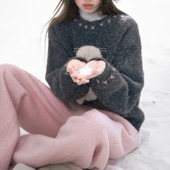 缶詰の士の多い所の秋冬のプルオーバーのニットの女性の2024立体のウサギの灰色のゆったりした長袖のセーター