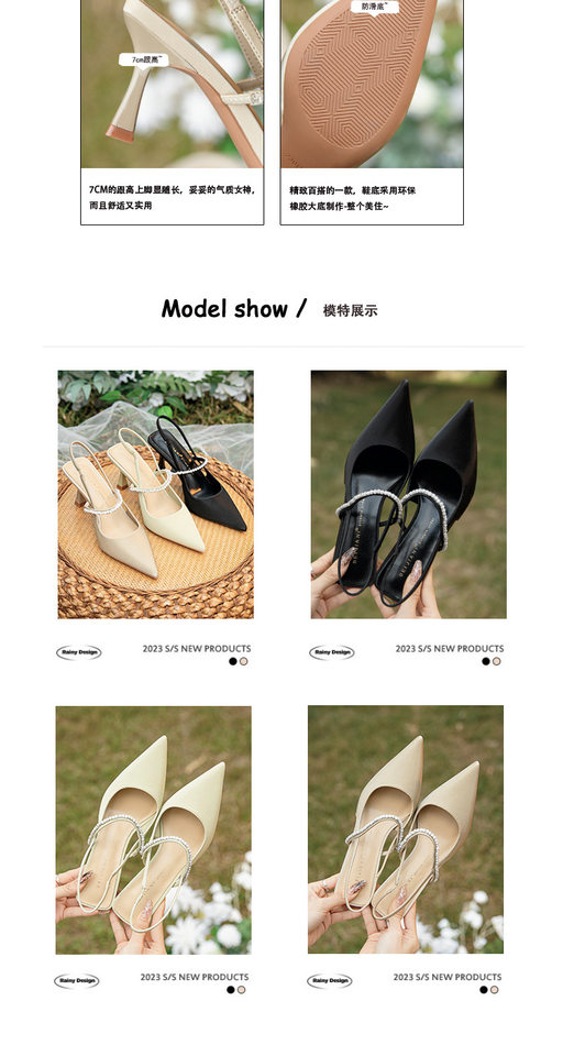 Giày sandal nữ bít mũi mũi nhọn gót mảnh quai ngang đính đá, gót 6–8 cm — Màu mơ, Màu vàng nhạt, Màu đen chi tiết 6