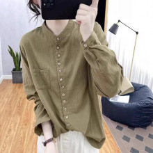 纯棉衬衫女秋装设计感立领复古长袖棉麻衬衣亚麻大码宽松时尚上衣