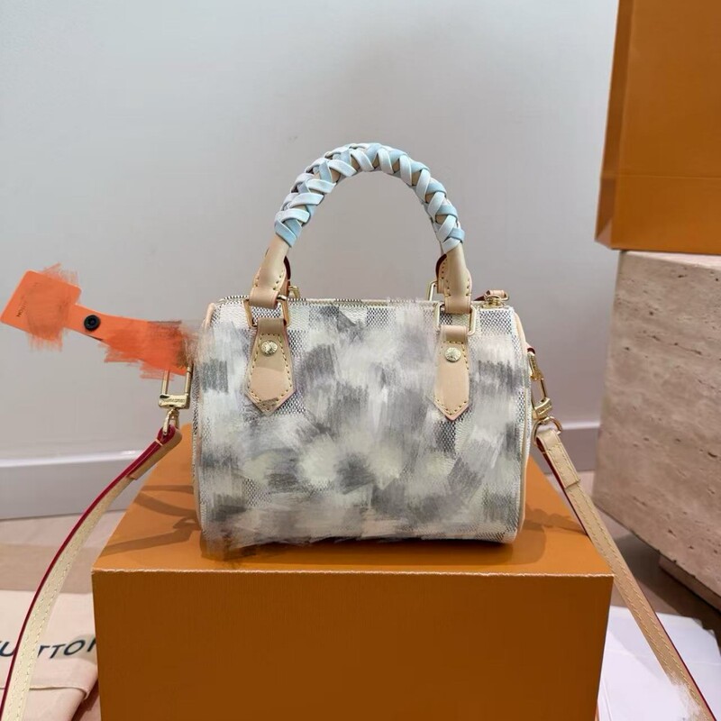 Classic White Three-Color Checkerboard Pillow Bag, Lv Fashion Speedy Handbag, Versatile Commuter Shoulder and Crossbody Bag