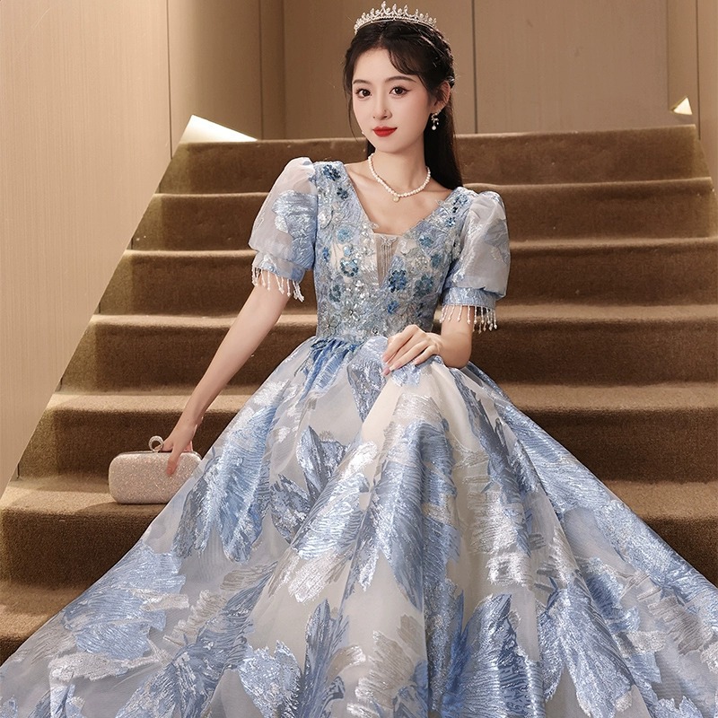 Blue Evening Dress for Women 2026 New Style High-End French Light Luxury Niche Banquet Haute Couture Elaborate and Elegant