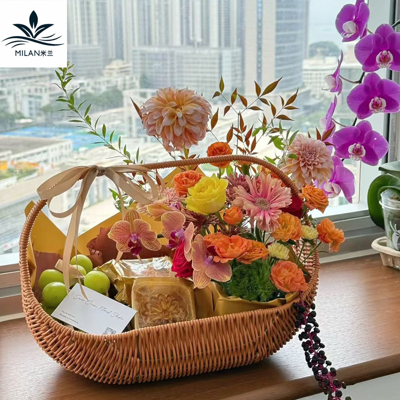 Festival del Medio Otoño de plástico tela de caña canasta de flores portátiles flores pastel de luna canasta de frutas floral floral regalo artesanal diy