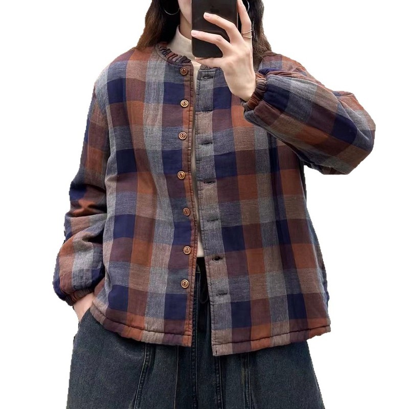 木耳边领格子棉服外套女士秋冬轻薄夹棉长袖开衫休闲简约复古棉衣|undefined