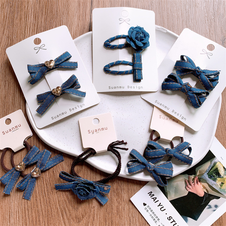Children's denim fabric bow flower hair clip and hair tie side fringes BB clip for girls, non-damaging hair elastic hairband