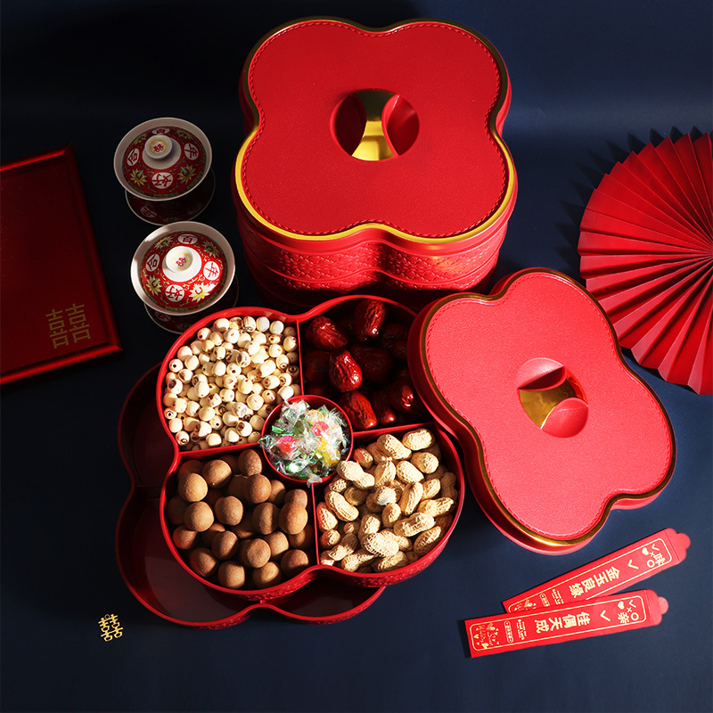 Wedding Celebration Vintage Gold Foil imitation leather textured multi-layer dry fruit box fruit plate for wedding room, early birth of a precious child auspicious candy storage
