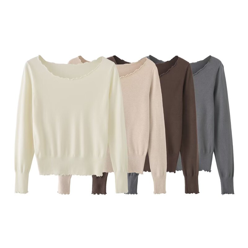 European and American Style Off-Shoulder Trendy Women's Top with Dense Bead Lace, Pure Desire Collarbone-Exposing Knit Sweater, Loose Long-Sleeve Sweater