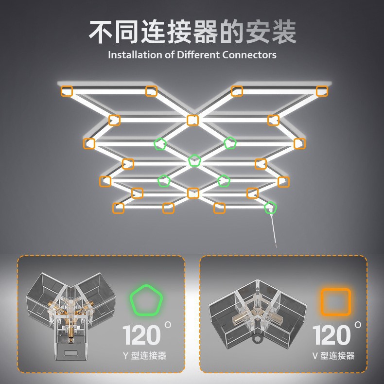 lámpara de panal lámpara de lavado de automóviles sala de juegos de fondo sala de exposiciones lámpara de iluminación de cable colgante se puede empalmar lámpara hexagonal lámpara de panal RGB