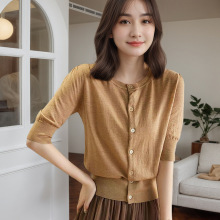 法式收腰短款外套女春夏季新款气质百搭短袖针织开衫正肩中袖上衣