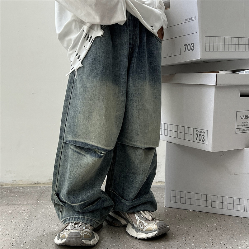 2026 Spring Children's Jeans Retro Loose Three-Dimensional Cut Knee Pleated Jeans for Boys and Girls