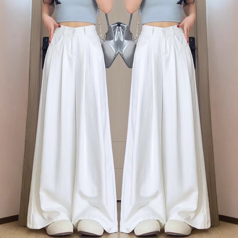 White Milk Silk Yamamoto Pants for Women, Summer 2026 New Style, Straight-Leg, Drapey, Relaxed Fit, Petite, Ice Silk Suit Wide-Leg Pants