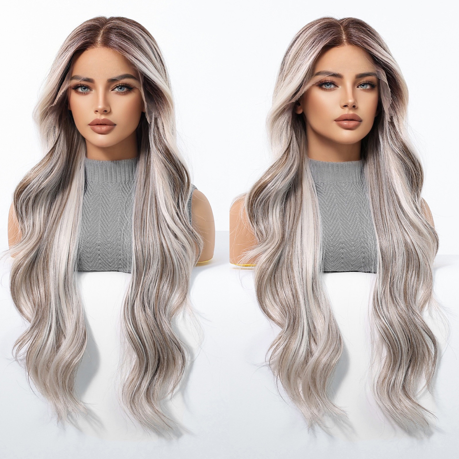 Nuevo producto gradiente gris color popular estilo europeo y americano 13*6 peluca de encaje de área grande costura libre transpirable y cómodo tocado