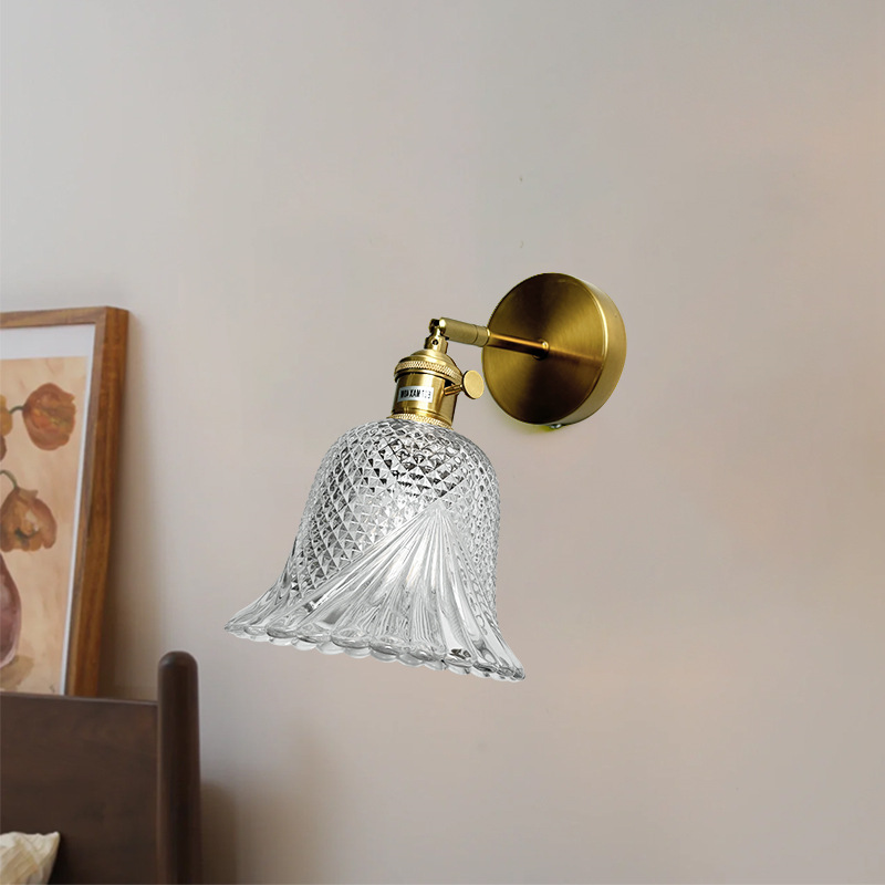 Lámpara de latón retro comedor bar dormitorio cabecera lámpara de cama tallado diamante vidrio tienda decoración comercial lámpara de cama