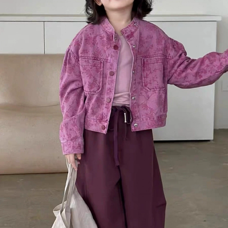 Демисезонная фиолетовая джинсовая куртка, комплект для отдыха, брюки, для подростков, детская одежда