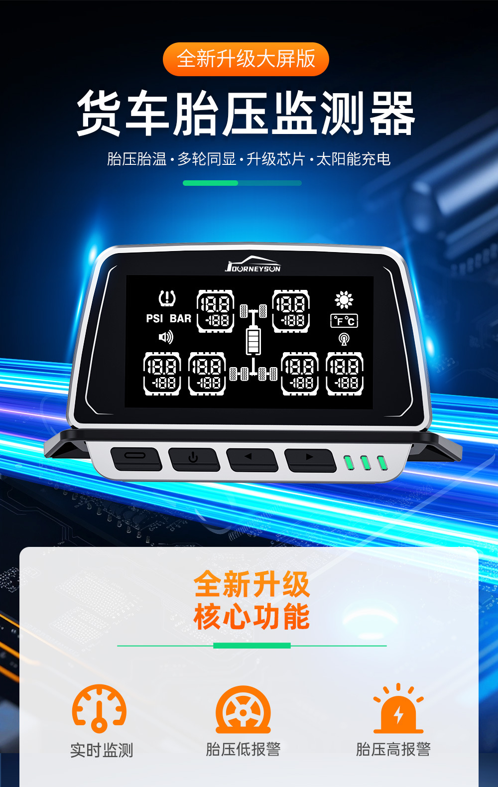 Large Truck Tire Pressure and Temperature Monitor with Large Screen Display, 6-Wheel Simultaneous Display, Color Screen Design, Built-In and External Sensors