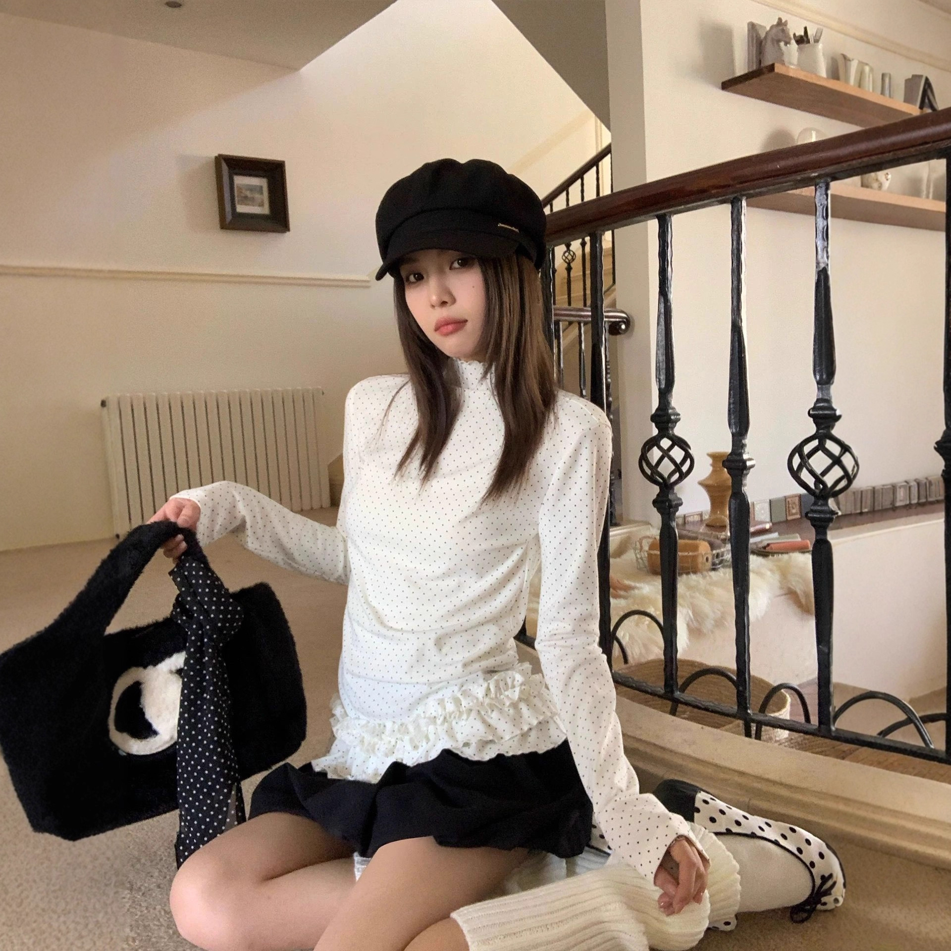 Korean Style Half-High Collar Polka Dot Fungus Lace Long-Sleeved T-Shirt 2025 Autumn and Winter Sweet Slim Fit Inner Layering Top