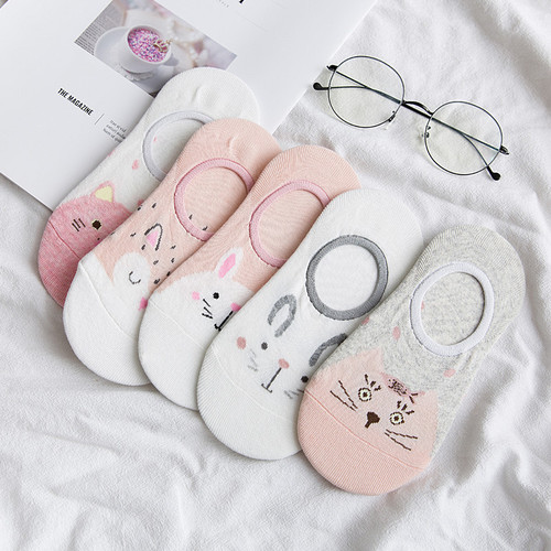 Women's socks spring and summer thin women's invisible socks shallow mouth cotton blue cat socks animal cartoon invisible boat socks