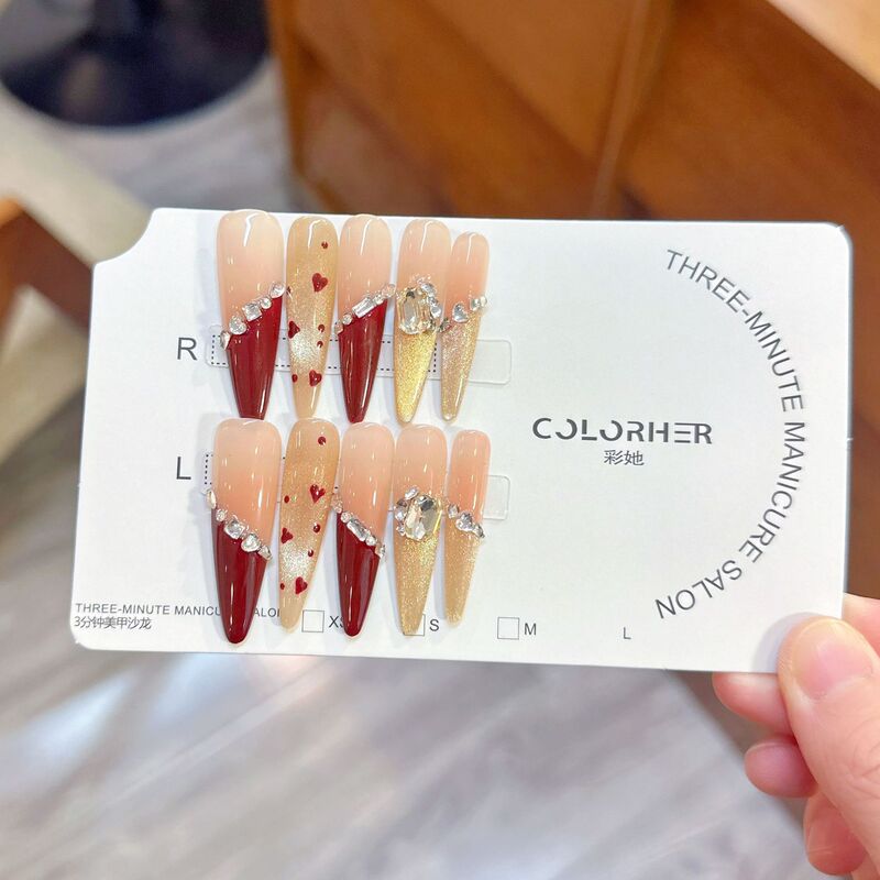 Colorful Her - [Rose's Thoughts] Romantic Wine Red Slanted Sparkling Rose Gold Cat's Eye Star Zirconia Purely Handmade Nail Tips