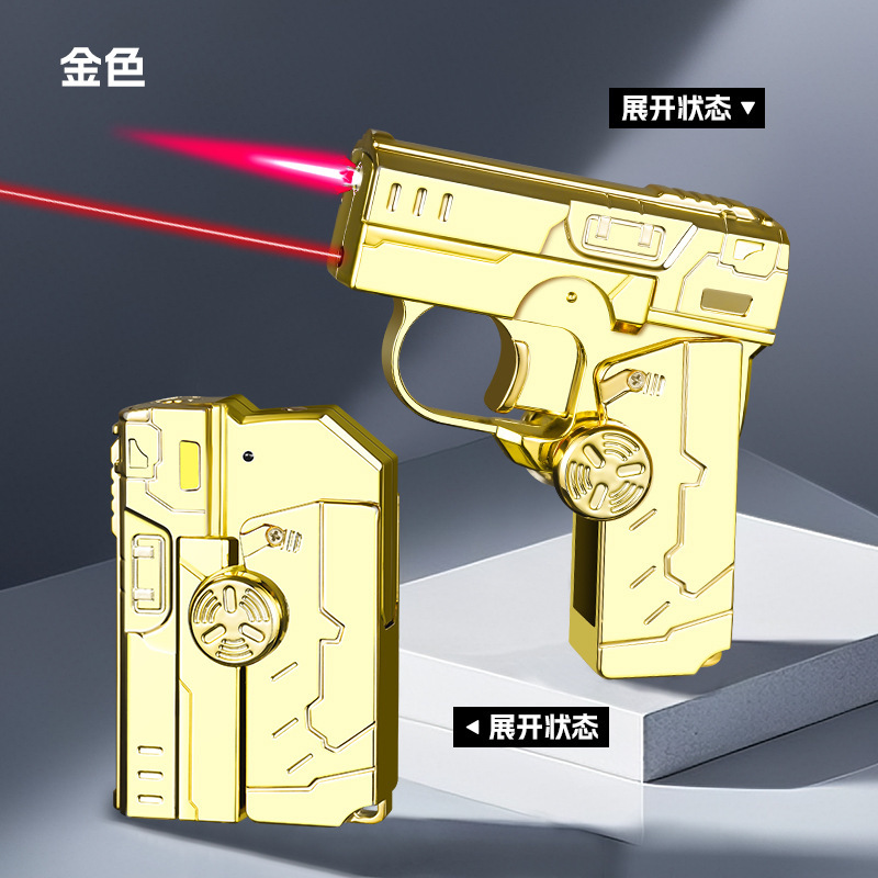 クリエイティブメタル折りたたみレーザーピストルジャイロ防風変形減圧ライターは、防風赤い炎で充填できます卸売|undefined