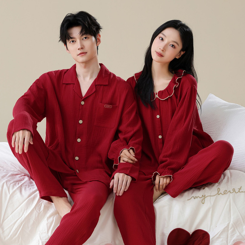 Double-layer gauze 100% cotton couple's pajamas, long-sleeved, red, festive, for spring and autumn, wedding homewear for newlyweds
